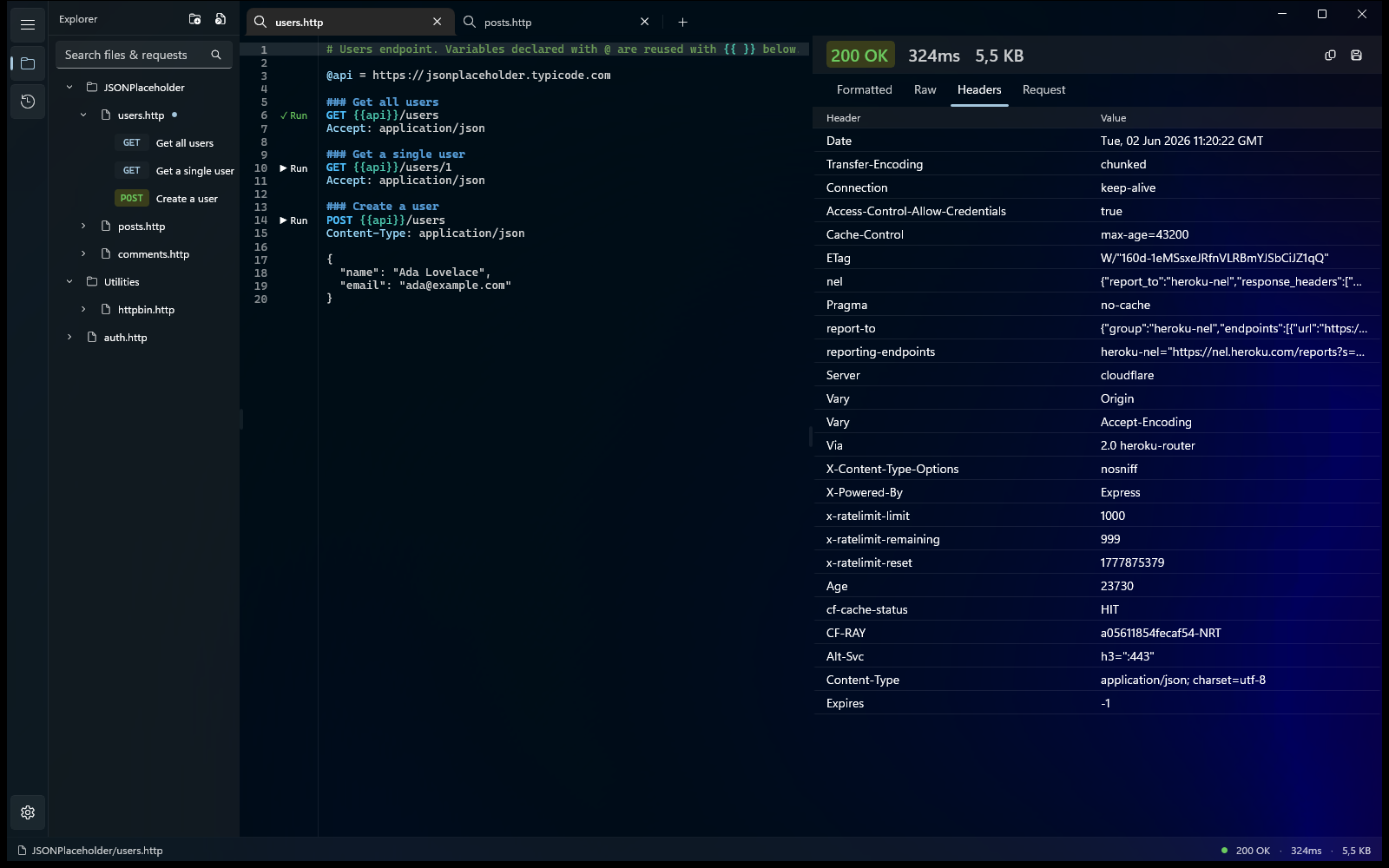 The Karve response viewer showing every response header in a two-column table