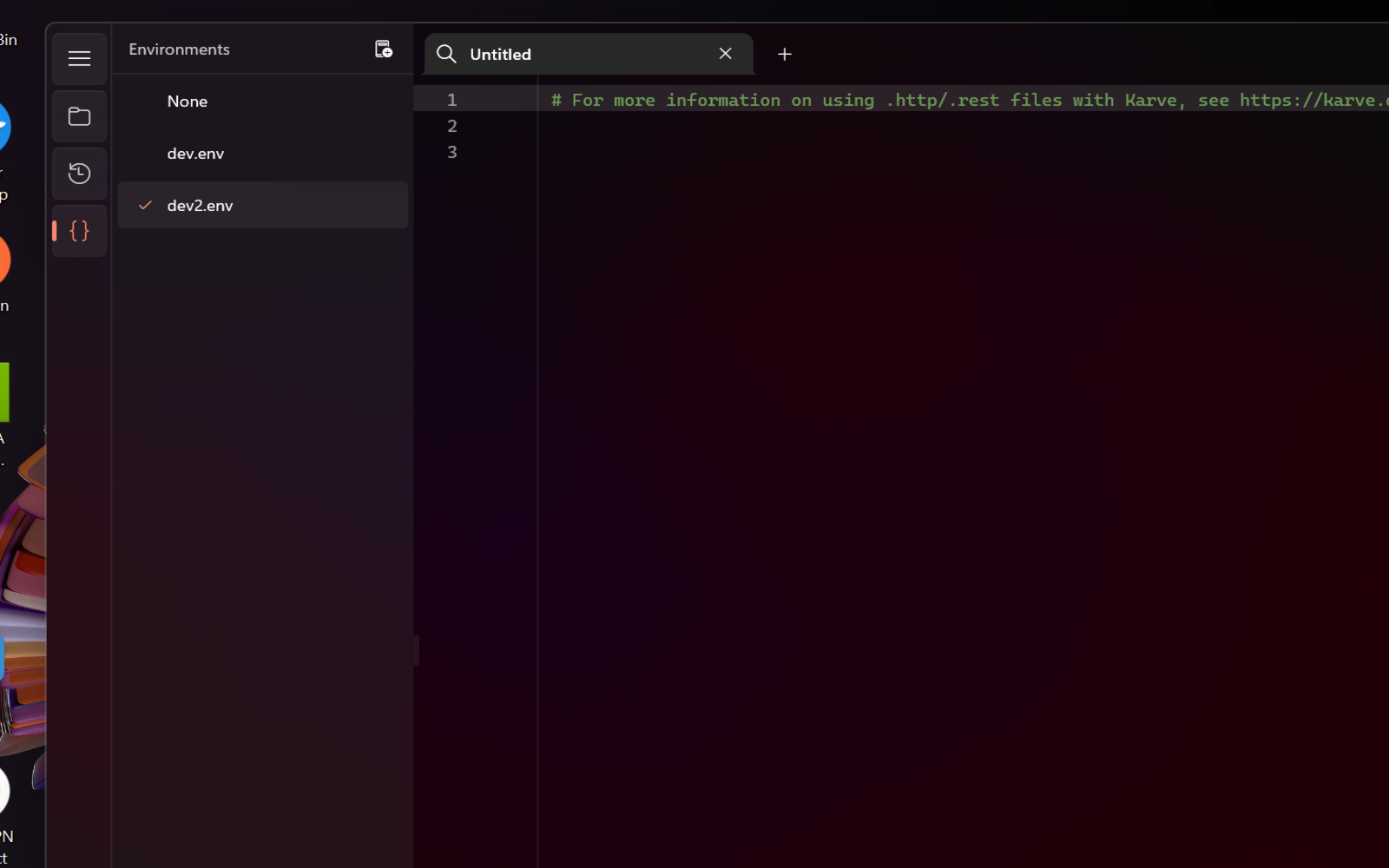 Karve with a per-file .env environment selected and shown in the status bar