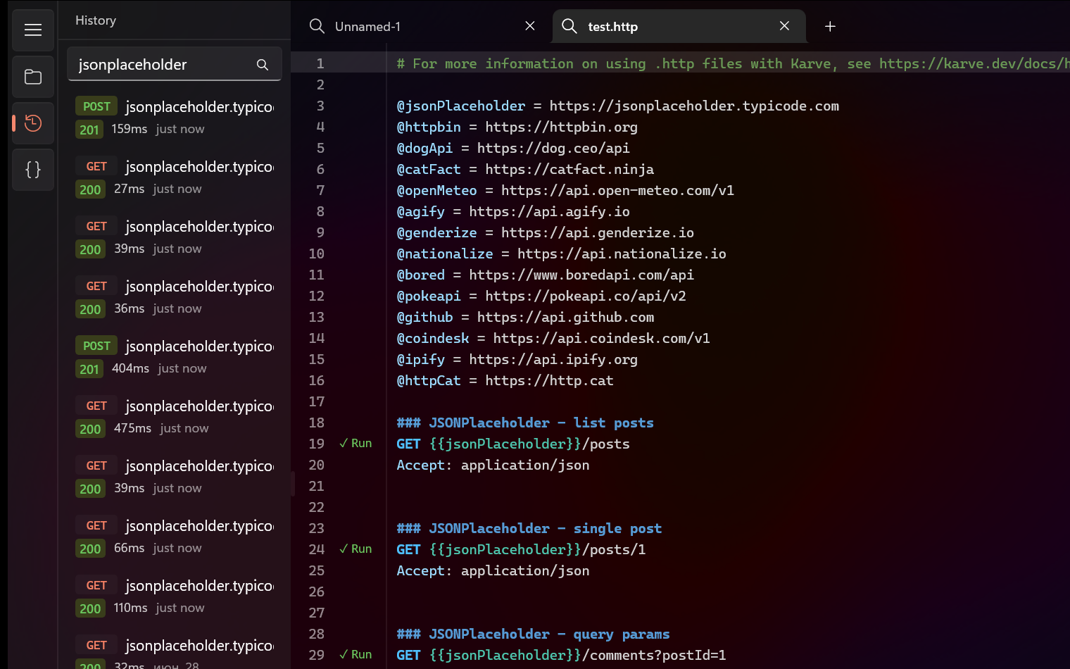 The Karve history panel listing past requests with status and timing, ready to re-open into a tab