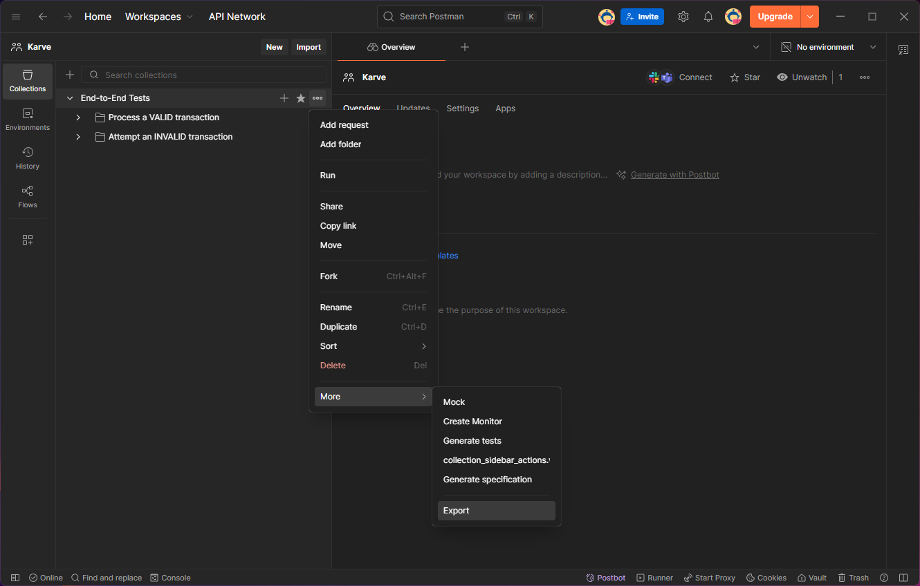 Postman collection actions menu with Export at the bottom of the More submenu