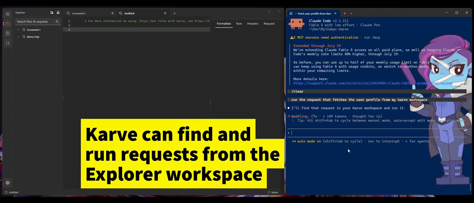 Demo: Claude Code finds a request in the Karve workspace, runs it in the visible UI, and fixes it based on the live response
